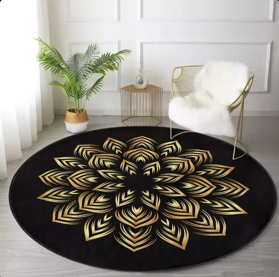 De Groen Home Rond Vloerkleed Ø150 cm Gold Bloem op Zwart 10 mm zachte dikte- Wasbaar Anti-slip Laagpolig Tapijt