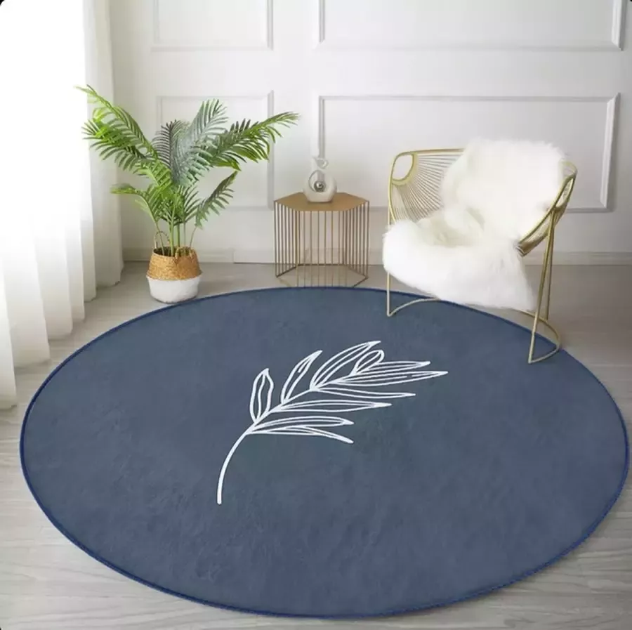 De Groen Home Rond Vloerkleed Ø150 cm Onedraw blad op donkerblauw 10mm zachte dikte Wasbaar Anti-slip Laagpolig Tapijt