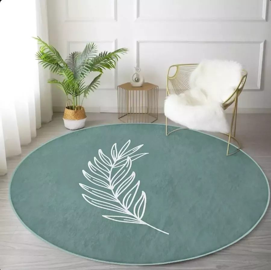 De Groen Home Rond Vloerkleed Ø150 cm Onedraw blad op lichtgroen 10mm zachte dikte Wasbaar Anti-slip Laagpolig Tapijt - Foto 2