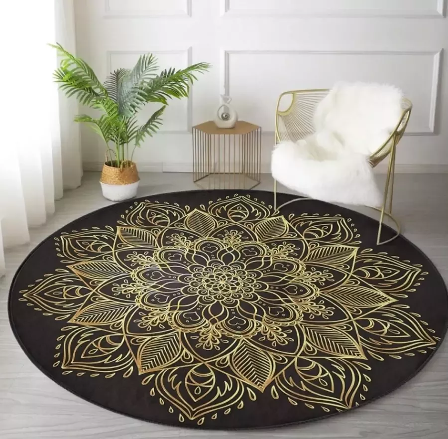 De Groen Home Rond Vloerkleed Ø180 cm Gold Mandala op Zwart 10 mm zachte dikte- Wasbaar Anti-slip Laagpolig Tapijt