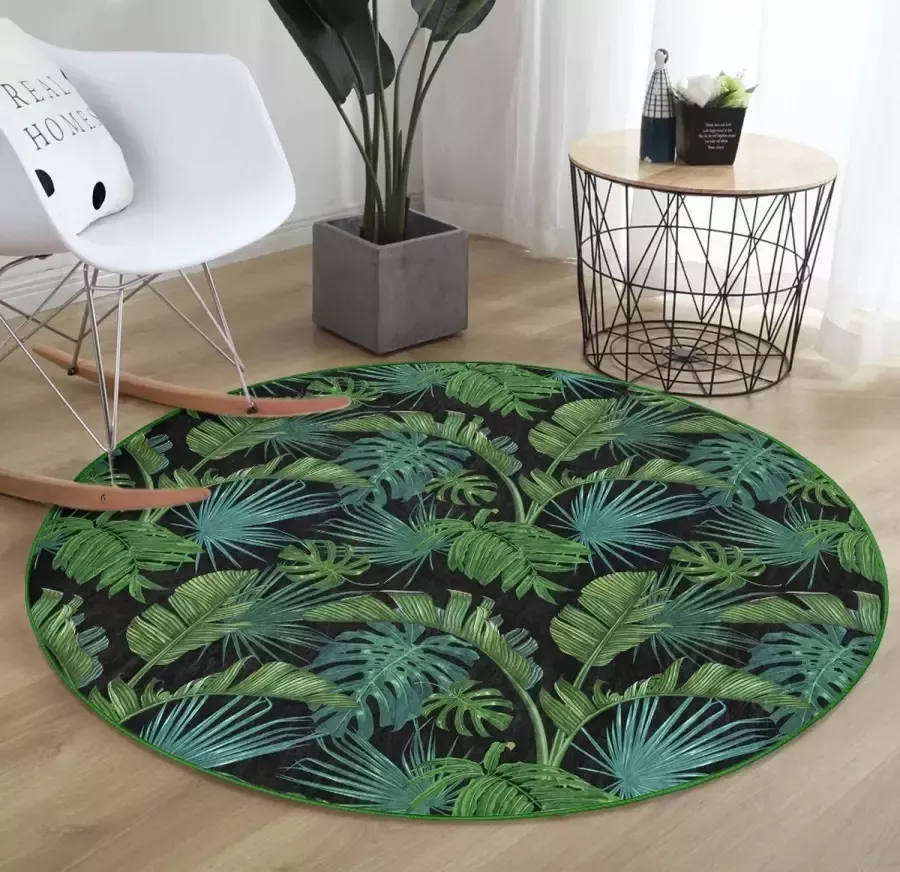 De Groen Home Rond Vloerkleed Ø180 cm Palmbladeren Wasbaar Anti-slip Laagpolig Tapijt 10 mm zachte dikte - Foto 2