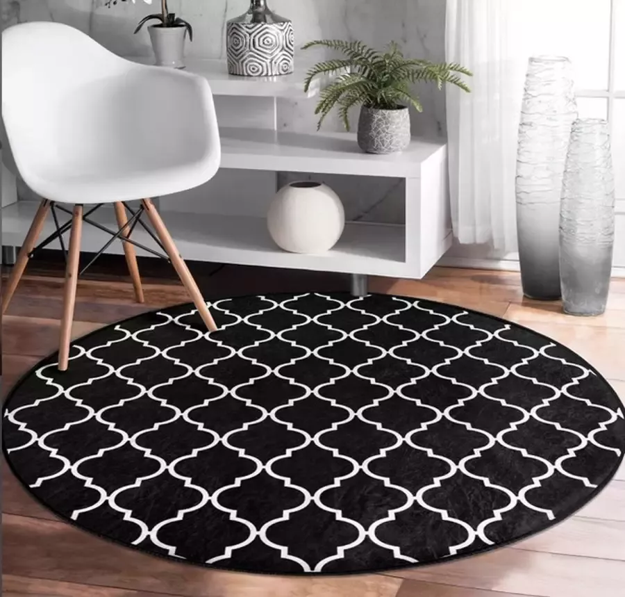 De Groen Home Rond Vloerkleed Ø180 cm Zwart&Wit Ogea Ruit Wasbaar Anti-slip Laagpolig Tapijt 10 mm zachte dikte