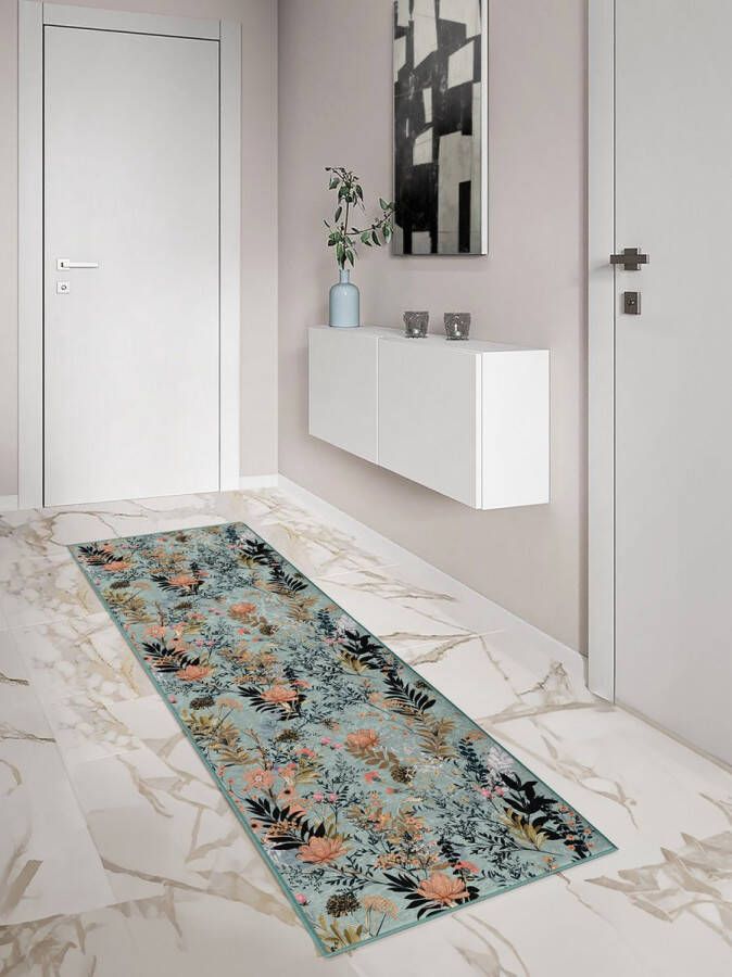 De Groen Home Vloerkleed 65x180cm Halloper Keukenloper Bloemen op Lichtblauw Wasbaar Antislip Laagpolig Zacht Tapijt