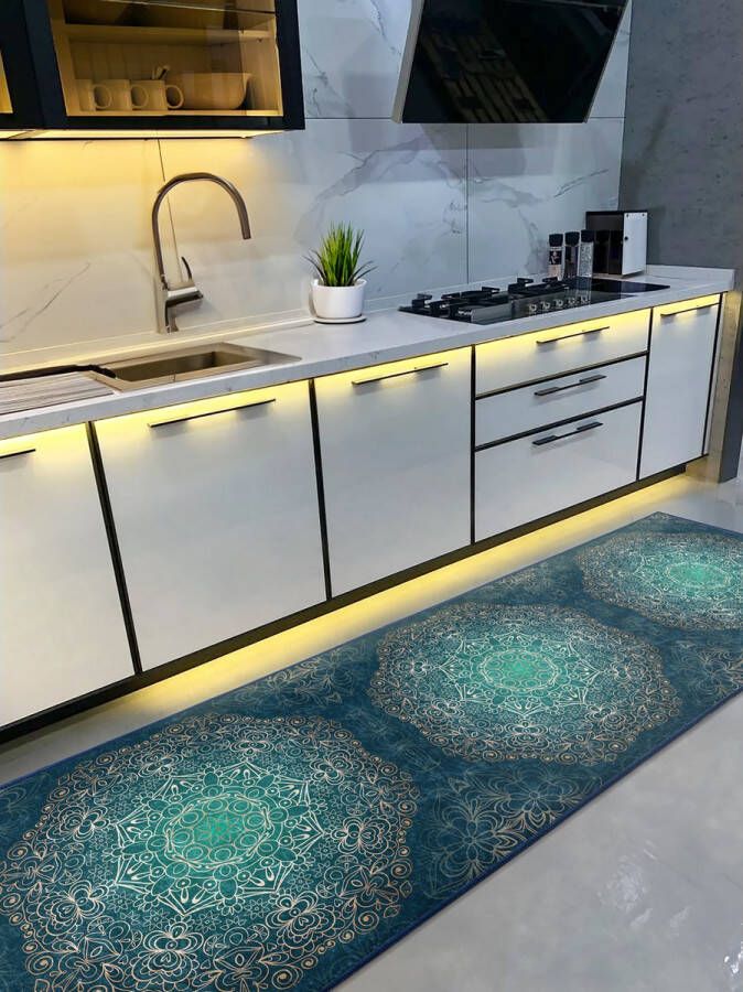 De Groen Home Vloerkleed 65x180cm Deurmat binnen Keukenloper Laagpolig Zacht Tapijt Halloper Wasbaar Antislip Gold Mandala - Foto 2