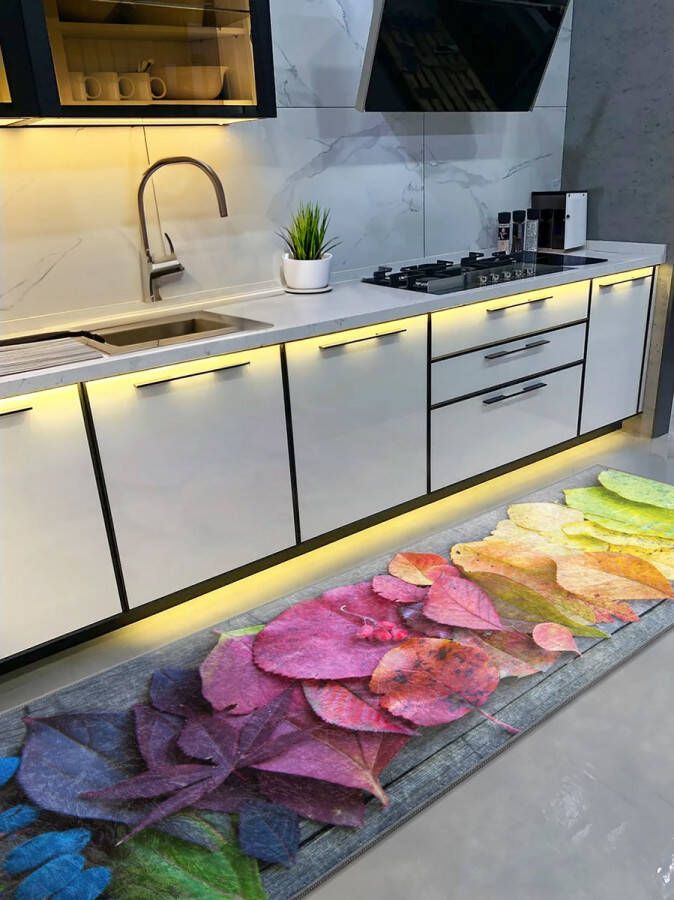 De Groen Home Vloerkleed 65x180cm Halloper Keukenloper Kleurrijke bladeren Wasbaar Antislip Laagpolig Zacht Tapijt - Foto 2
