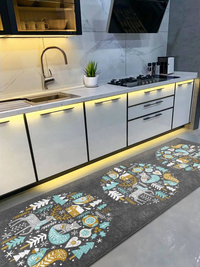 De Groen Home Vloerkleed 65x180cm Keukenloper Kerstdieren Wasbaar Antislip Laagpolig Zacht Tapijt