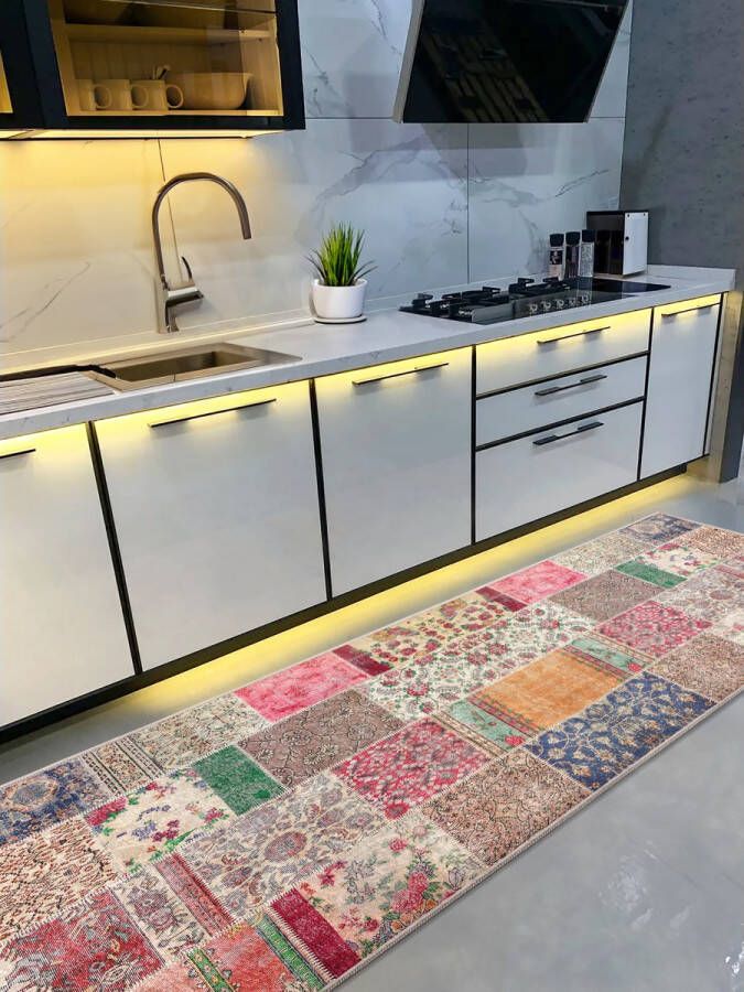 De Groen Home Rond Vloerkleed Ø180 cm Palmbladeren Wasbaar Anti-slip Laagpolig Tapijt 10 mm zachte dikte