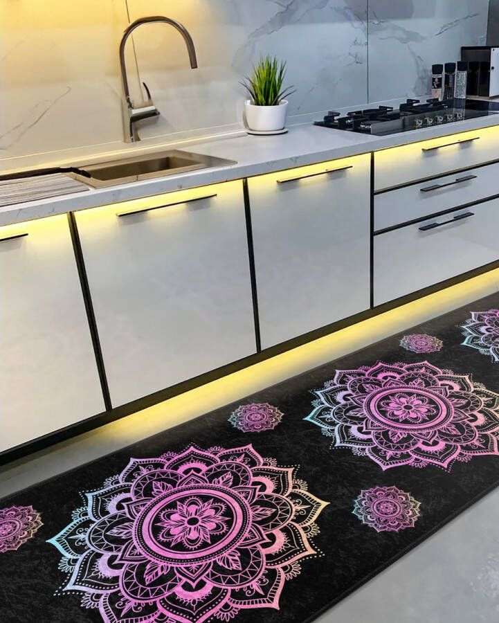 De Groen Home Rond Vloerkleed Ø180 cm Gold Mandala Wasbaar Anti-slip Laagpolig Tapijt 10 mm zachte dikte