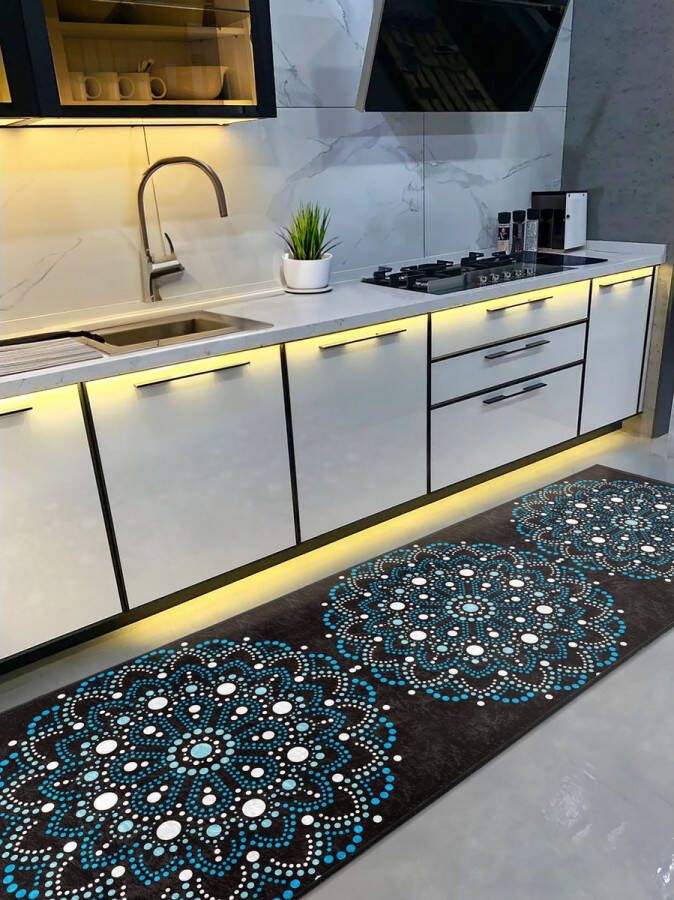 De Groen Home Vloerkleed 65x180cm Keukenloper Deurmat binnen Wasbaar Antislip Laagpolig Zachte Tapijt Gold mandala op zwart