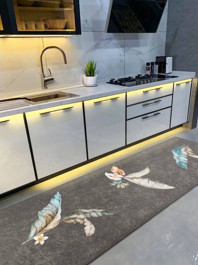 De Groen Home Vloerkleed keukenloper 65x180cm Deurmat binnen Laagpolig Zachte Tapijt Wasbaar Antislip Veren - Foto 2