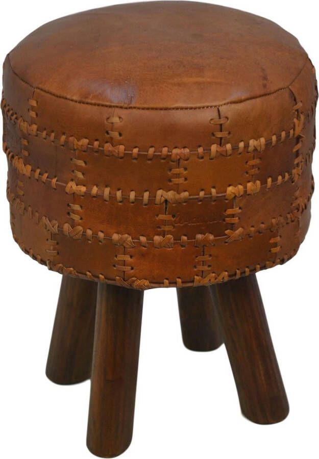 De Huismus Luxury Line Showmodel Kruk Hocker Patchwork ø33 x 43 cm Echt Leer Leder Vintage Cognac Kleur