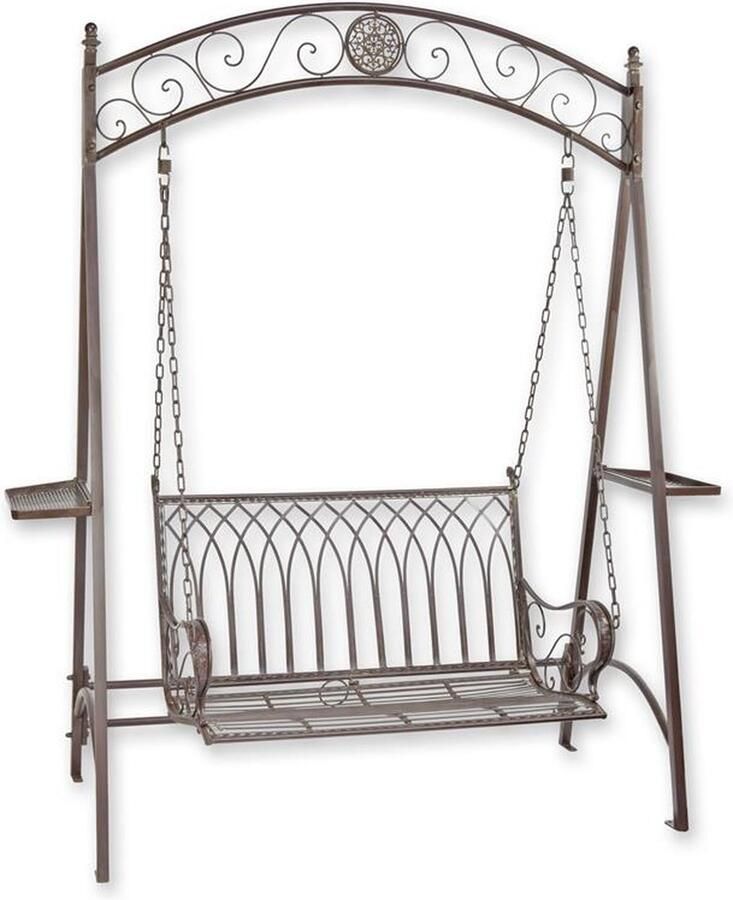 De Splinter B.V. EEN BRUINE IJZEREN SCHOMMELBANK MET TWEE ZITPLAATSEN