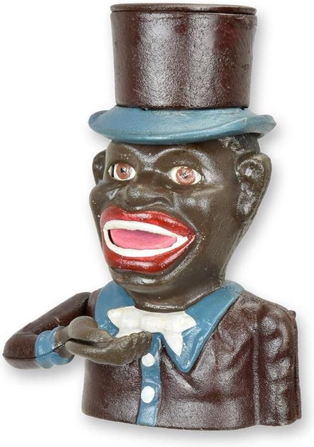 De Splinter B.V. EEN GIETIJZEREN ZWARTE MENS MET HOED MECHANISCHE BANK