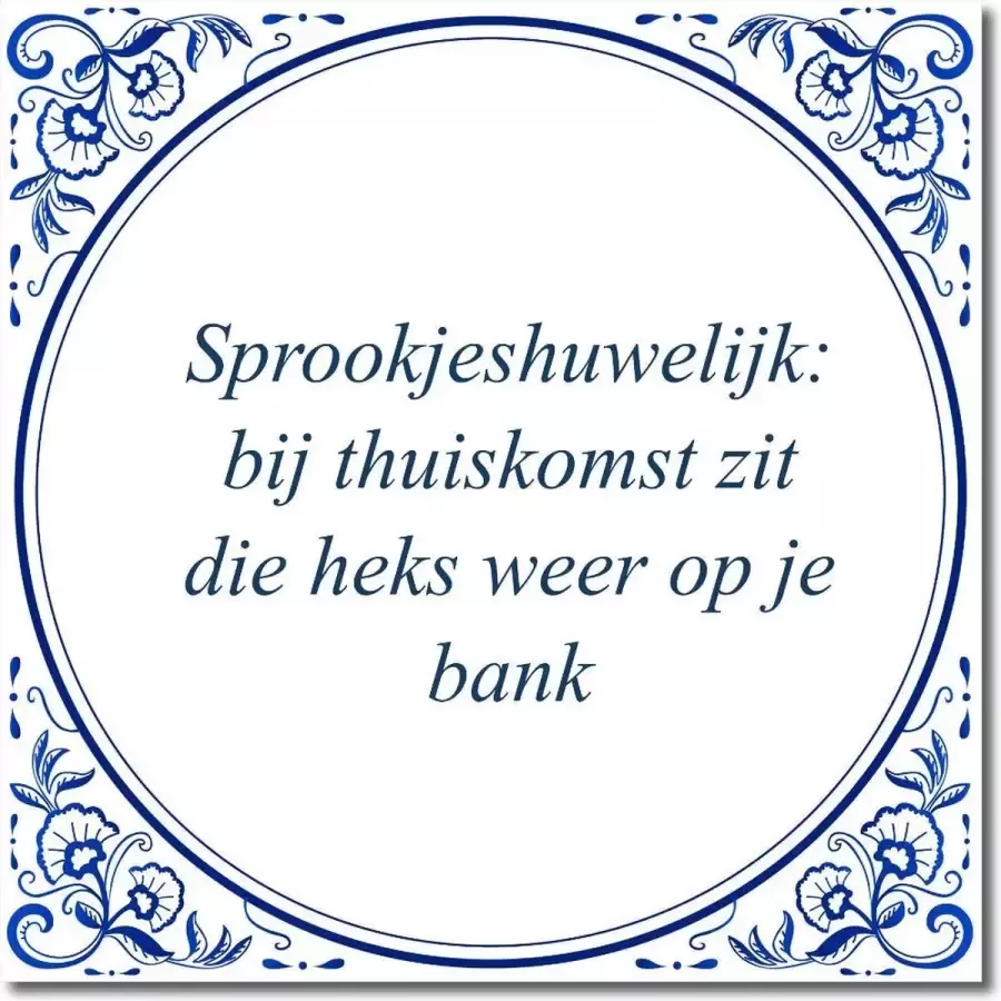 De Tegeltjesfabriek Tegeltje met standaard Sprookjeshuwelijk: bij thuiskomst zit die heks weer op je bank