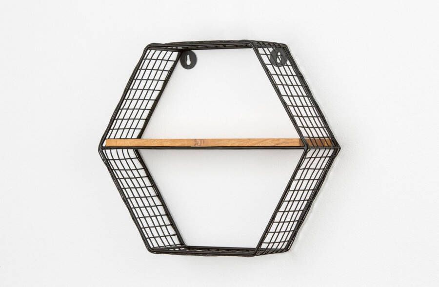 Deco Heart Wandrek (Muur)Wandplank Wandkast Wandbox 6(zes)-hoek hexagon Mango Hout met Metaal industrieel zwart 31 cm hoog| huis woonkamer accessoires en decoratie Coil (PRT-2021103)