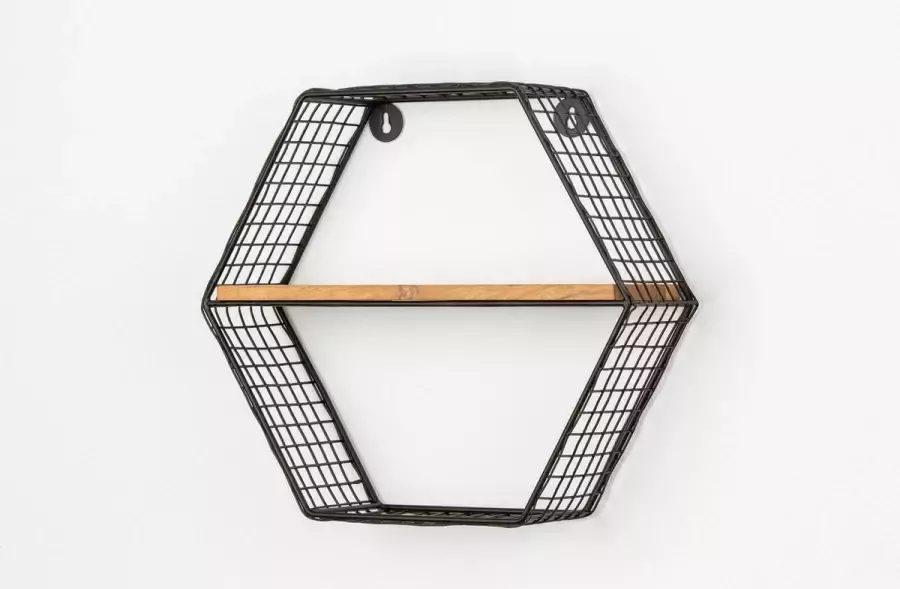 Deco Heart Wandrek (Muur)Wandplank Wandkast Wandbox 6(zes)-hoek hexagon Mango Hout met Metaal industrieel zwart 31 cm hoog| huis woonkamer accessoires en decoratie Coil (PRT-2021103)