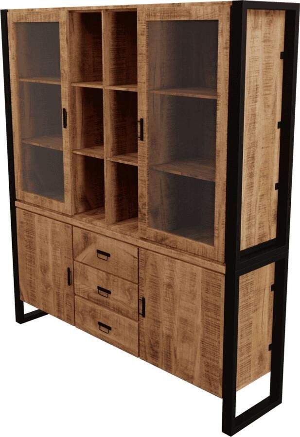 Deco4yourhome Vitrinekast Mangohout Staal 190cm Naturel Zwart