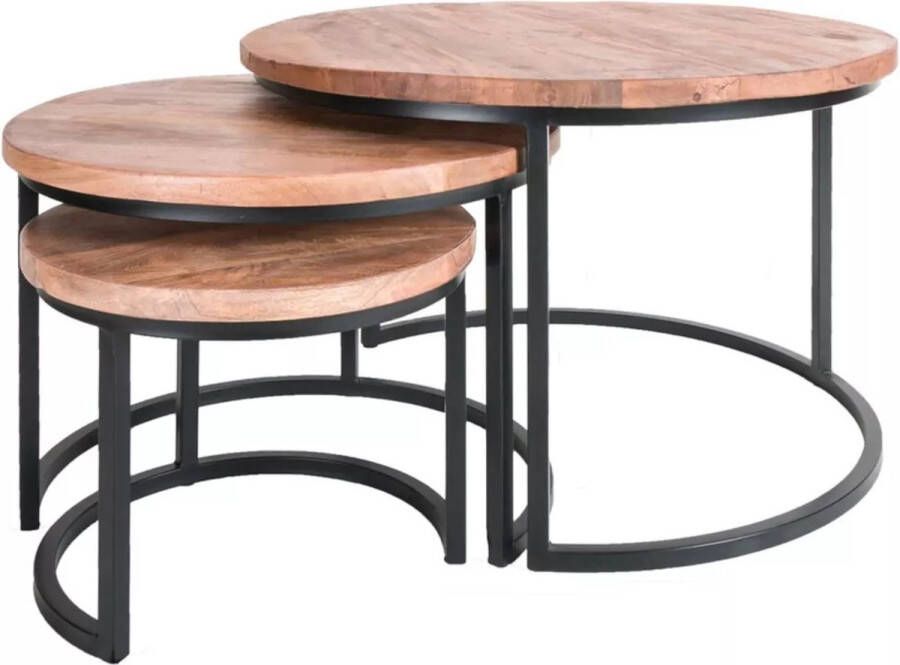 Deco4yourhome Salontafel set van 3 Mango hout Ronde Salontafel Zwart Groot Lukas Salontafelset