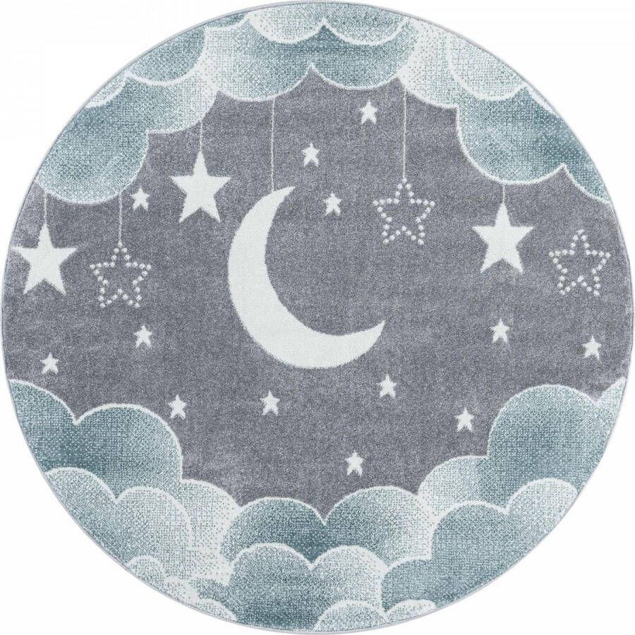 Decor24-AY Kinderkamer vloerkleed Funny Nighty Night blauw rond O 120 cm