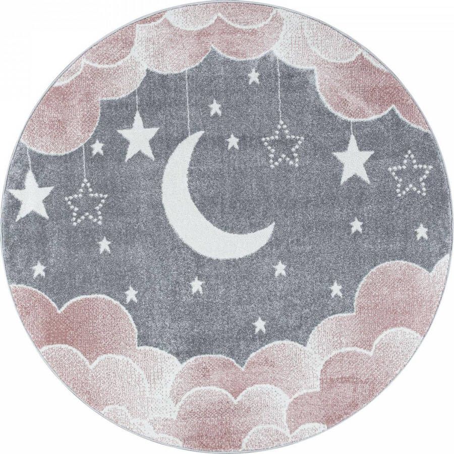 Decor24-AY Kinderkamer vloerkleed Funny Nighty Night roze rond O 120 cm