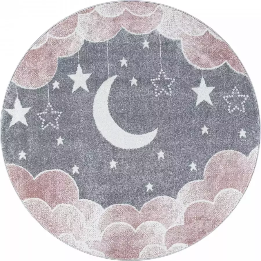 Decor24-AY Kinderkamer vloerkleed Funny Nighty Night roze rond O 160 cm