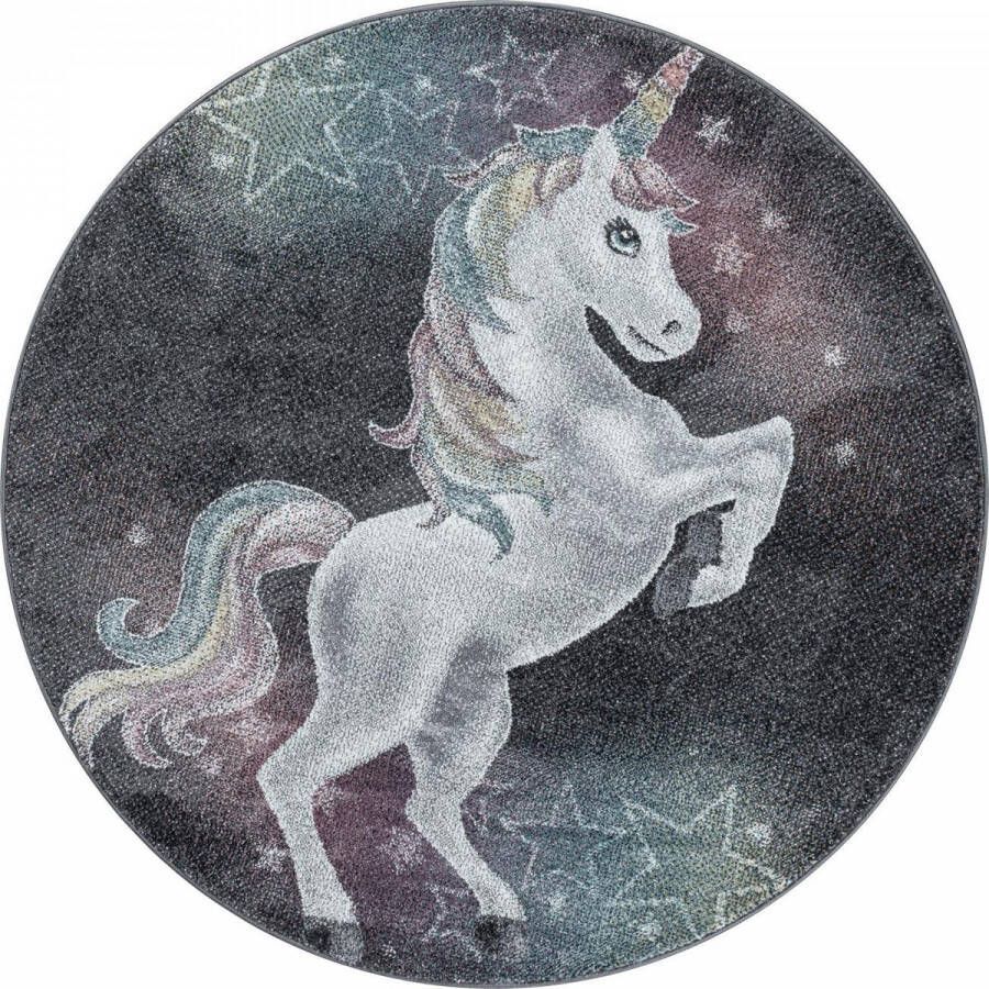 Decor24-AY Kinderkamer vloerkleed Funny Unicorn grijs rond O 120 cm