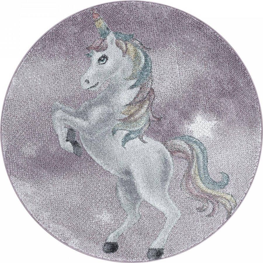 Decor24-AY Kinderkamer vloerkleed Funny Unicorn violet rond O 120 cm