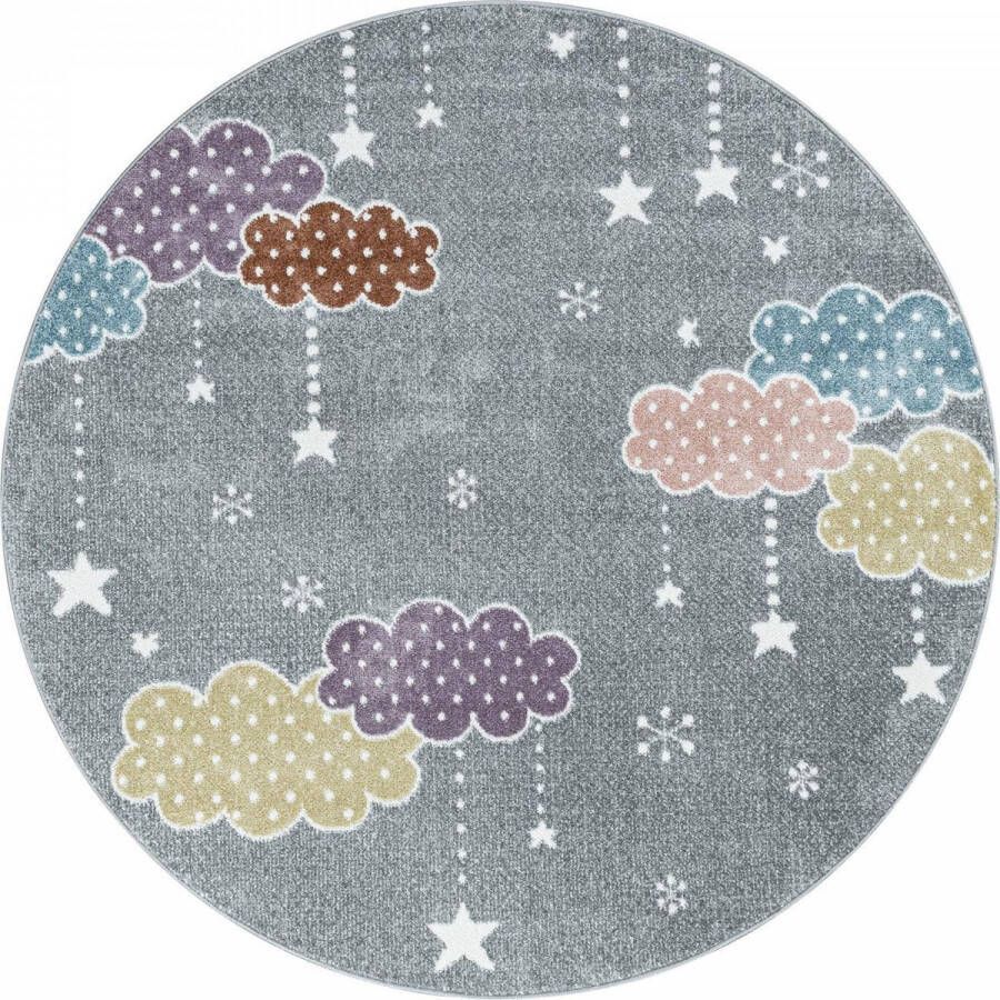 Decor24-AY Kinderkamer vloerkleed Lucky Clouds grijs rond 120x120 cm