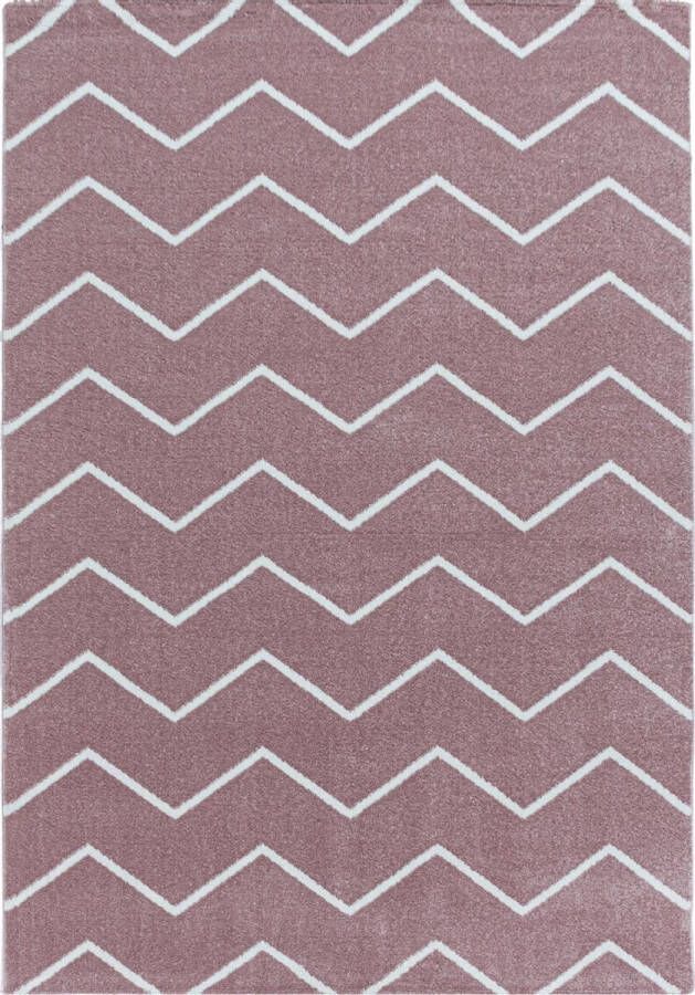Decor24-AY Modern laagpolig vloerkleed Rio roze zigzag 140x200 cm