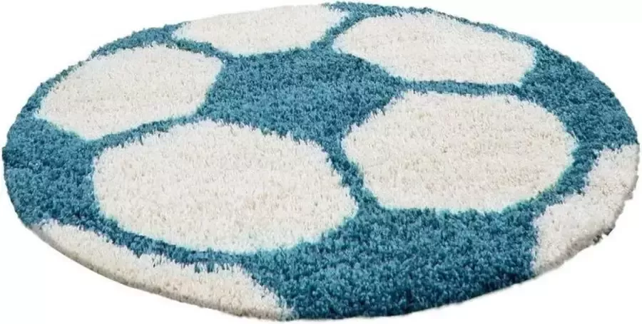 Decor24-AY Vloerkleed kinderkamer Voetbal turquoise wit rond 100 cm