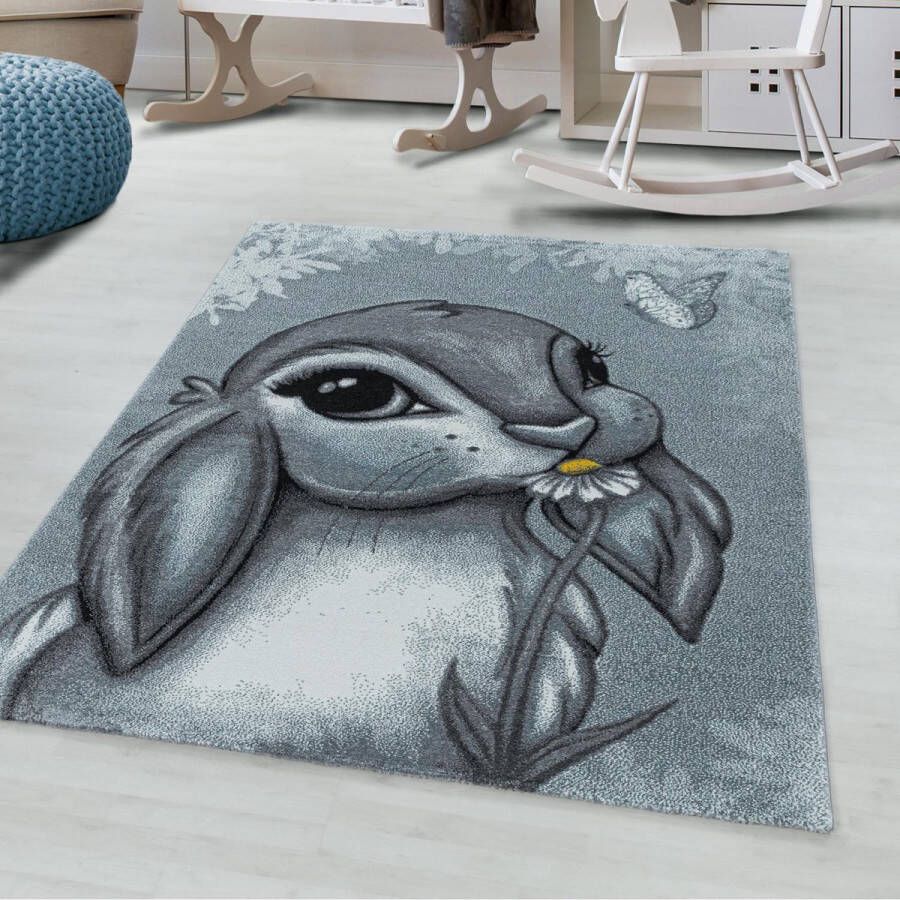 Decor24-AY Vrolijk kinderkamer vloerkleed Funny Bunny blauw 120x170 cm