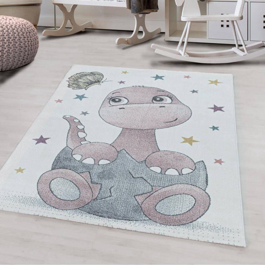 decor24-AY Vrolijk kinderkamer vloerkleed Funny Dino roze 120x170 cm