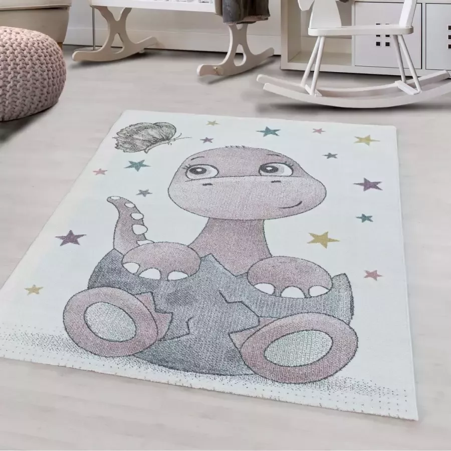 Decor24-AY Vrolijk kinderkamer vloerkleed Funny Dino roze 120x170 cm