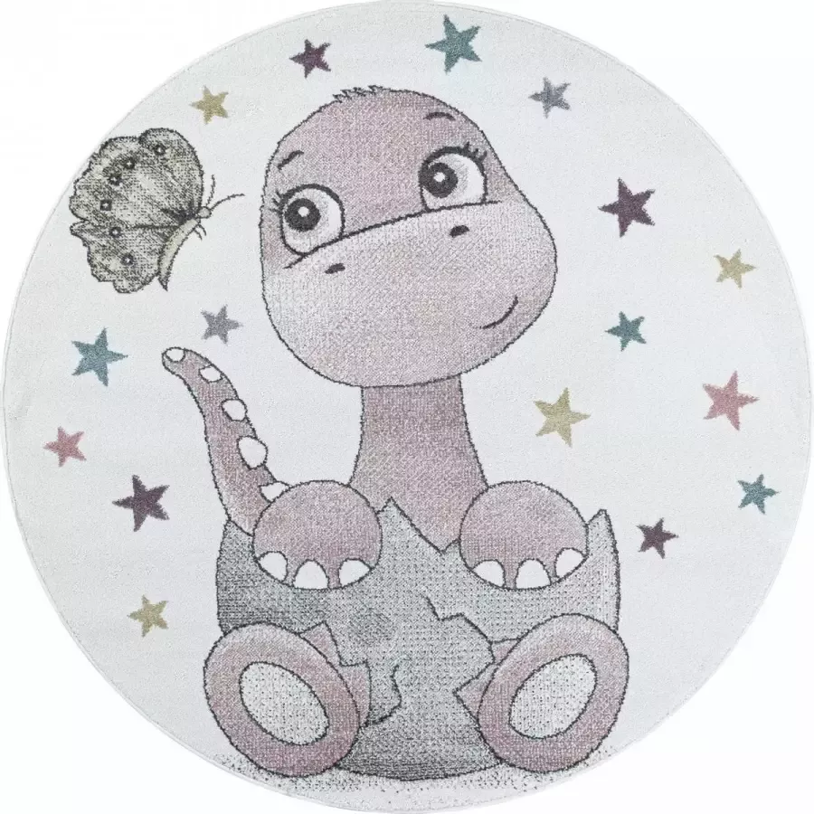 Decor24-AY Vrolijk kinderkamer vloerkleed Funny Dino roze rond O 120 cm