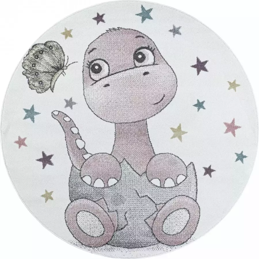 Decor24-AY Vrolijk kinderkamer vloerkleed Funny Dino roze rond O 160 cm