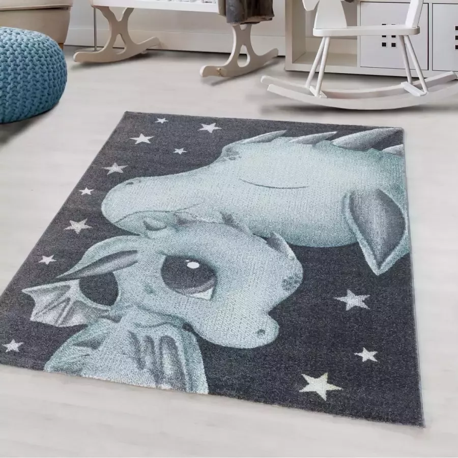 Decor24-AY Vrolijk kinderkamer vloerkleed Funny Dragon blauw 200x290 cm