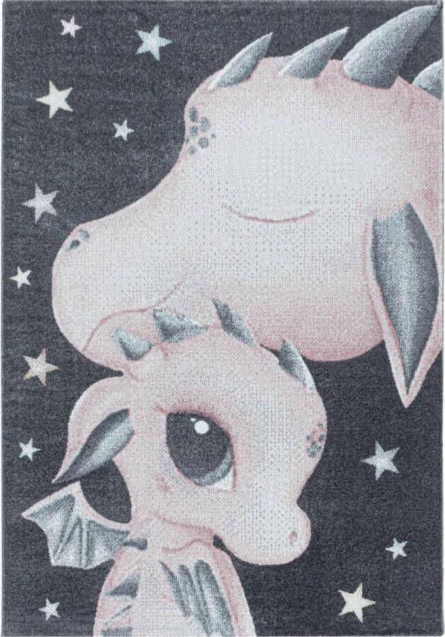 Decor24-AY Vrolijk kinderkamer vloerkleed Funny Dragon roze 200x290 cm