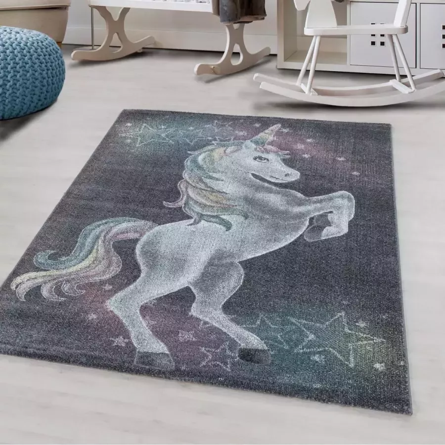 Decor24-AY Vrolijk kinderkamer vloerkleed Funny Unicorn grijs 140x200 cm