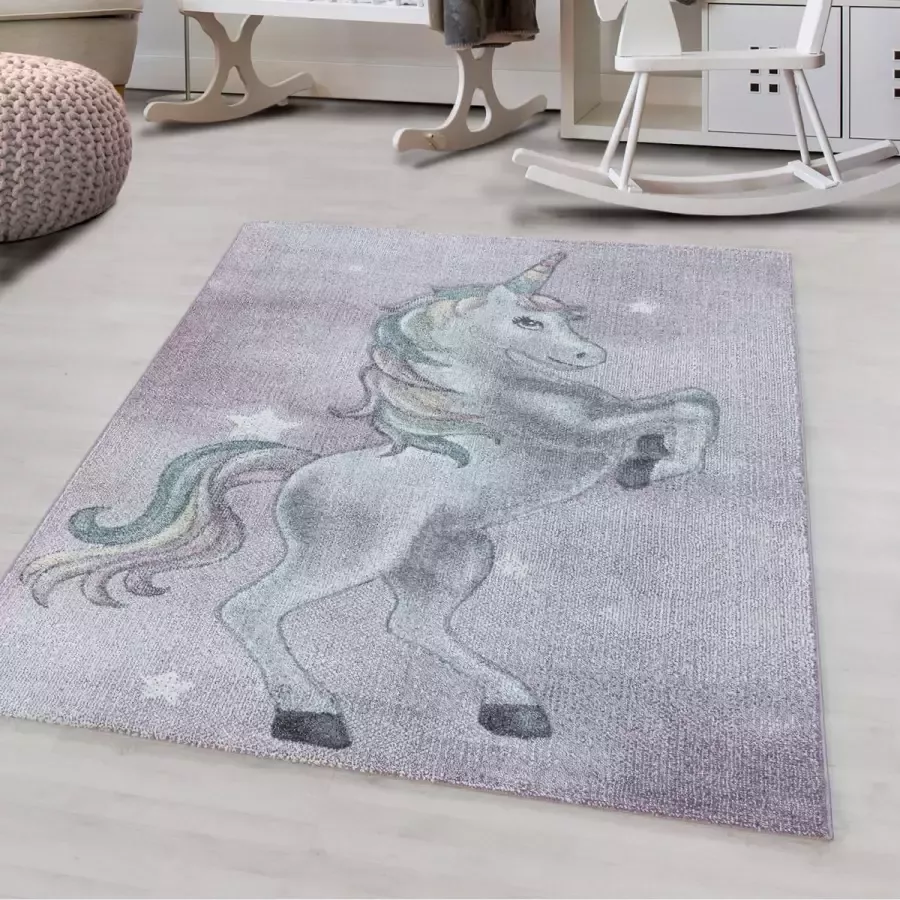 Decor24-AY Vrolijk kinderkamer vloerkleed Funny Unicorn violet 80x150 cm