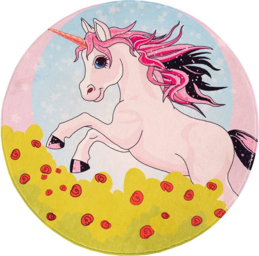 decor24-OB Vrolijk kinderkamer-vloerkleed Juno Unicorn Rond 120x120 cm