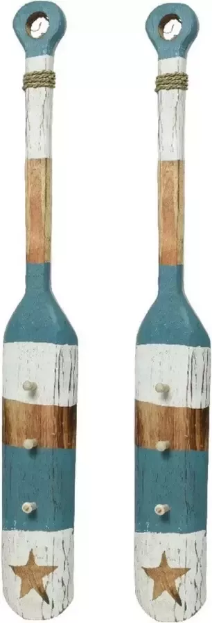 Decoris 2x stuks turquoise witte peddel kapstok 100 cm maritieme decoratie Woonstijl maritiem Strand zee kapstokhaken