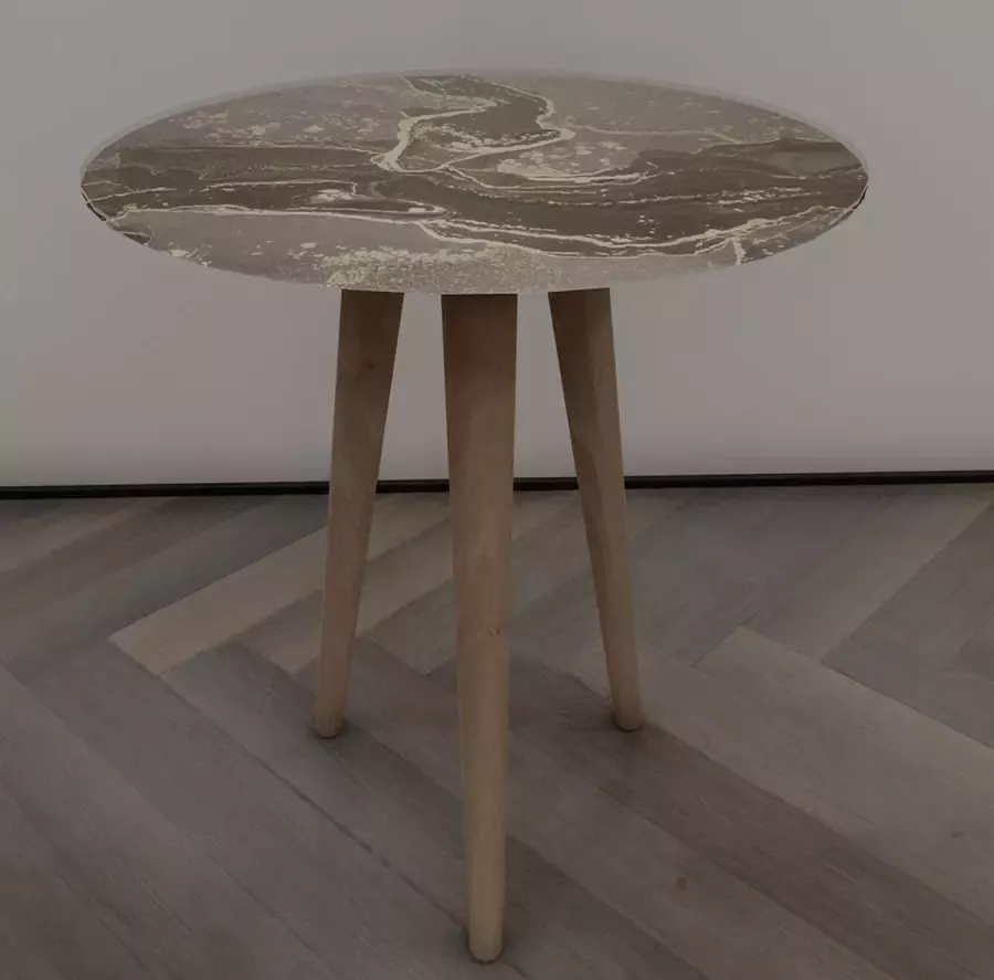 DECORITA Nesttafel Bijzettafel Houten Been| Gehard (onbreekbaar) glas|Bruin Marmerlock tafel|Diameter40cm