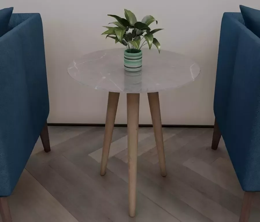 DECORITA Nesttafel Bijzettafel Houten Been| Gehard (onbreekbaar) glas|Grijze marmeren look vlakke tafel|Diameter40cm