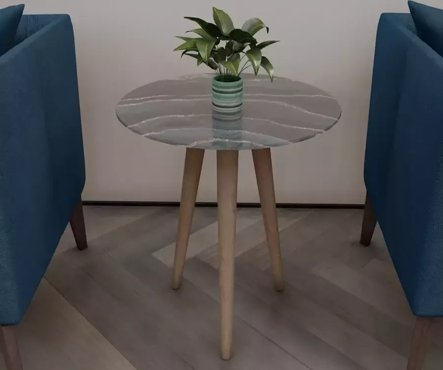 DECORITA Nesttafel Bijzettafel Houten Been| Gehard (onbreekbaar) glas|Marineblauwe zilverachtige marmerlook platte tafel|Diameter40cm