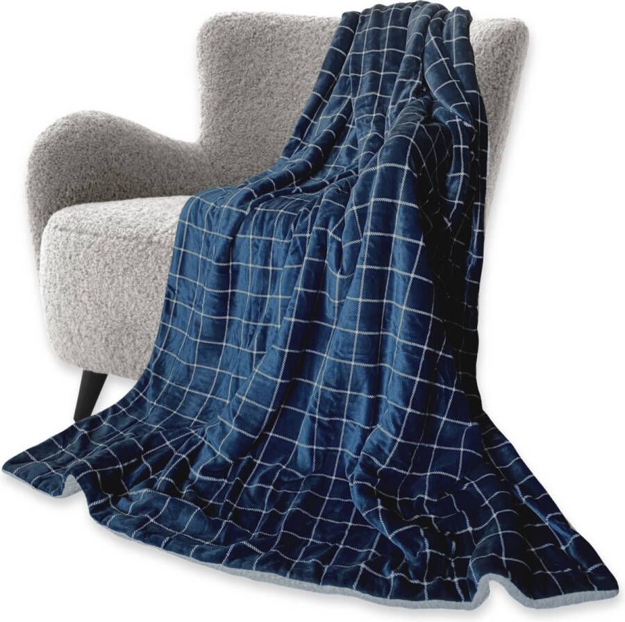 DecoSence Fleece deken 150x200 cm Fleece Plaid Plaids Blauw Navy Ruit Grand Foulard Bank