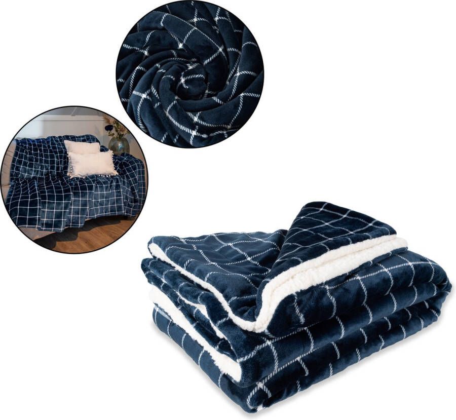 DecoSence Fleece deken 150x200 cm Fleece Plaid Plaids Blauw Navy Ruit Grand Foulard Bank - Foto 3