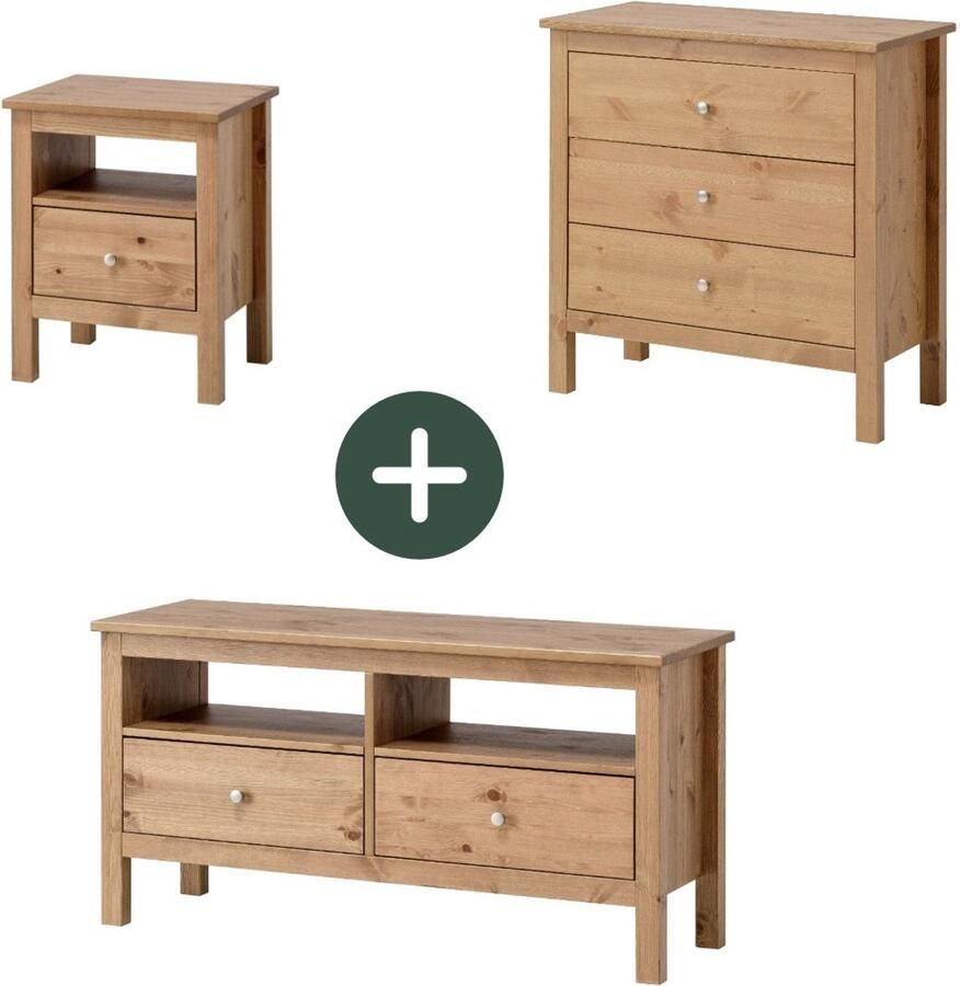 Decothuis Havuun studentenkamer meubelset massief grenen naturel nachtkastje + ladekast + tv-meubel