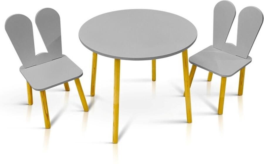 Decothuis Lilleven kindertafel rond met 2 stoelen – kindermeubel set voor peuters & kleuters – hout grijs met houten poten – speeltafel & eettafel