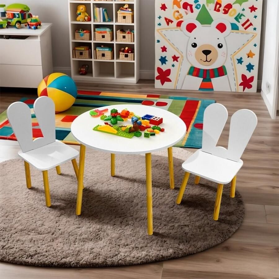 Decothuis Lilleven kindertafel rond met 2 stoelen – kindermeubel set voor peuters & kleuters – hout wit met houten poten – speeltafel & eettafel
