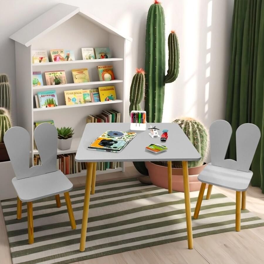 Decothuis Lilleven kindertafel vierkant met 2 stoelen – kindermeubel set voor peuters & kleuters – hout grijs met houten poten – speeltafel & eettafel